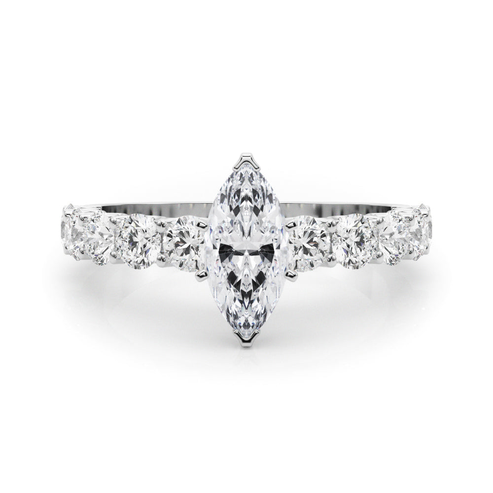 Platinum Marquise Diamond Prong Setting with Side Stones on a Pave Band