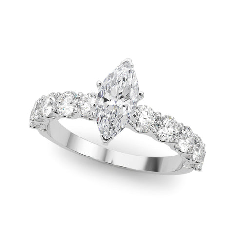 Platinum Marquise Diamond Prong Setting with Side Stones on a Pave Band
