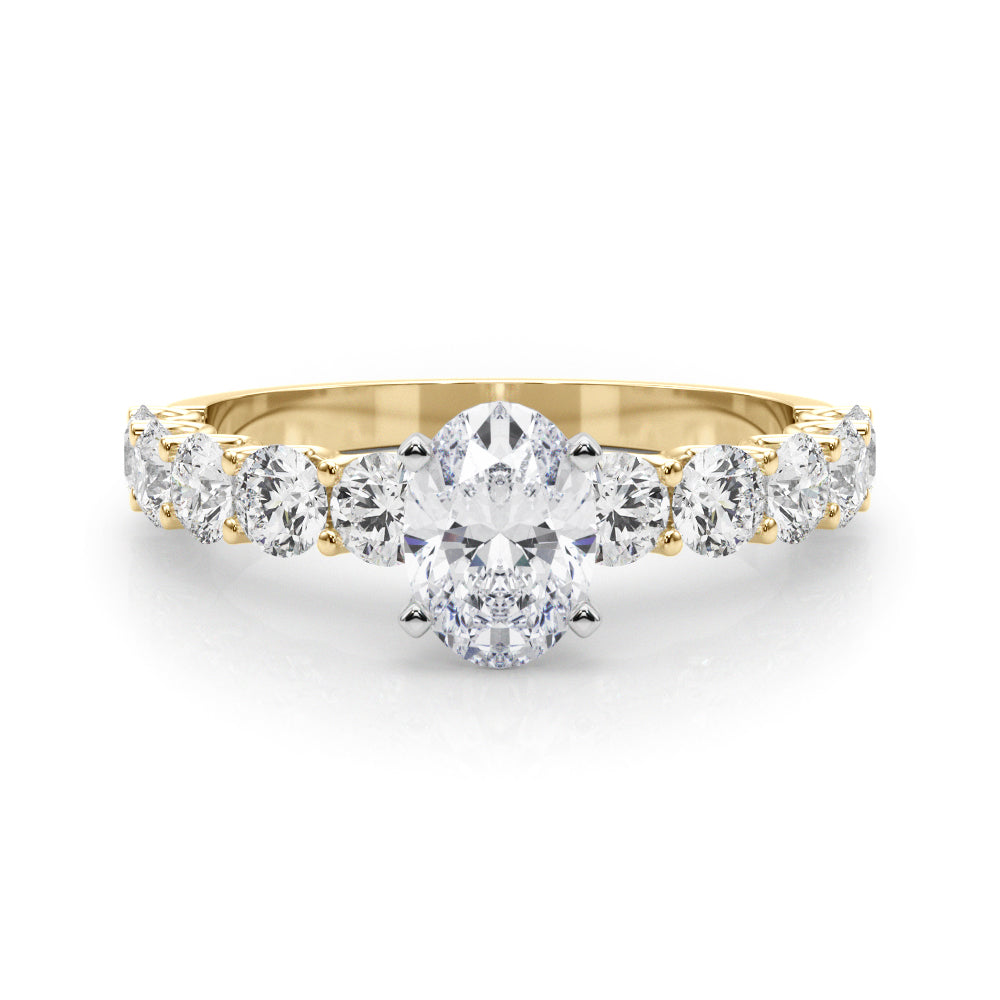 Yellow gold Oval Diamond Prong Setting with Side Stones on a Pave Band