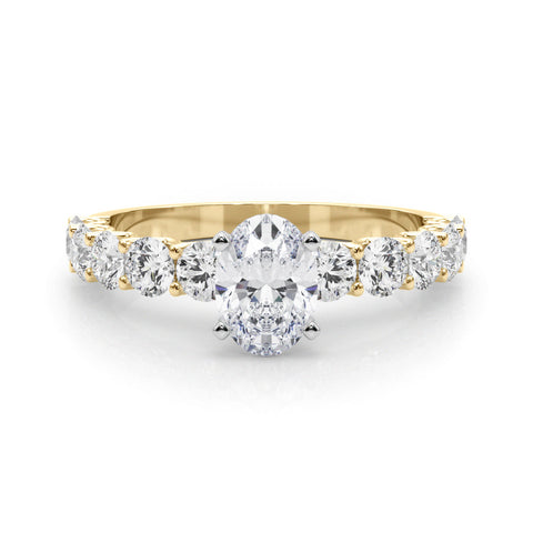Yellow gold Oval Diamond Prong Setting with Side Stones on a Pave Band