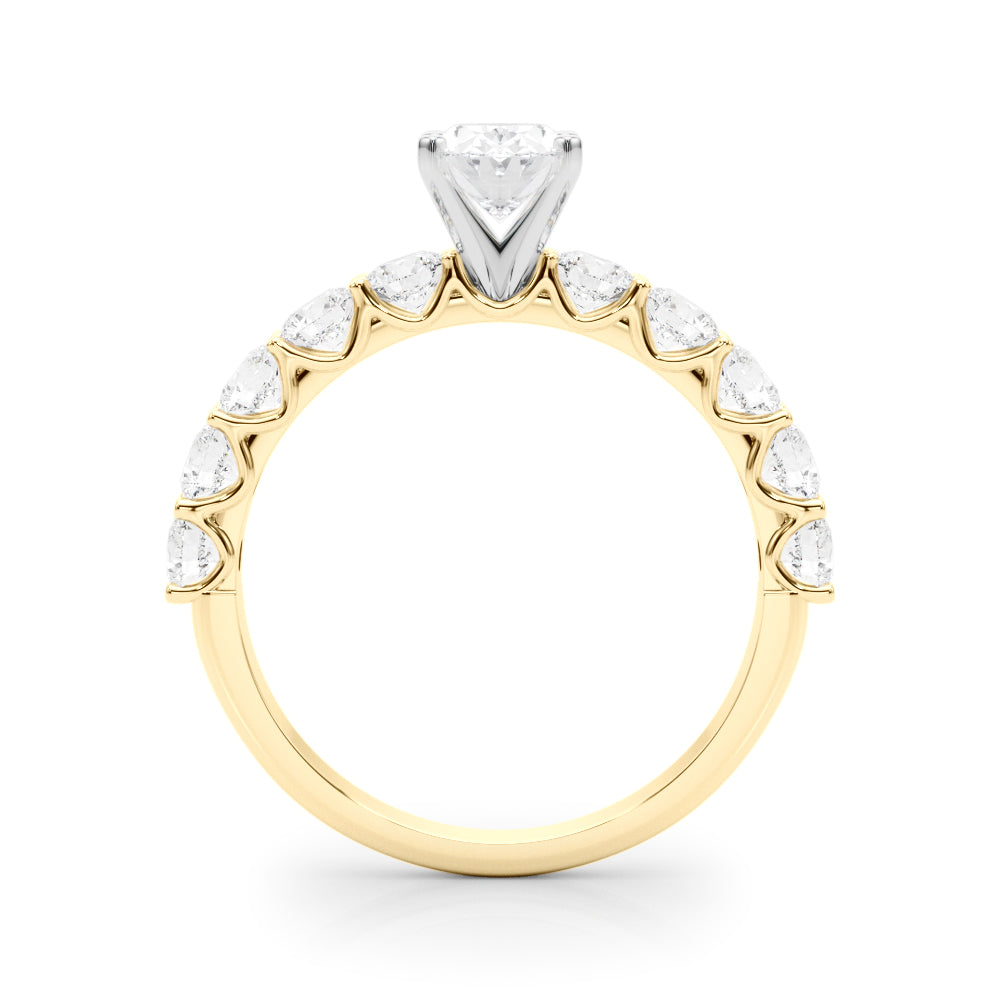 Yellow gold Oval Diamond Prong Setting with Side Stones on a Pave Band