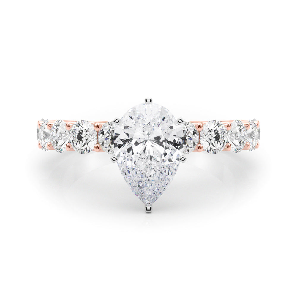 Rose gold Pear Diamond Prong Setting with Side Stones on a Pave Band
