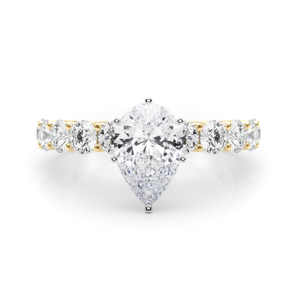 Yellow gold Pear Diamond Prong Setting with Side Stones on a Pave Band