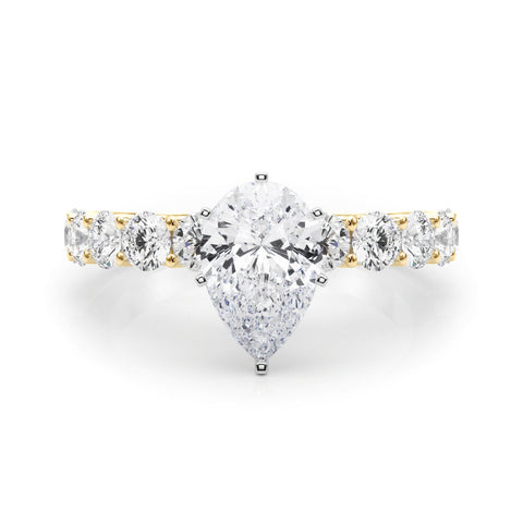 Yellow gold Pear Diamond Prong Setting with Side Stones on a Pave Band