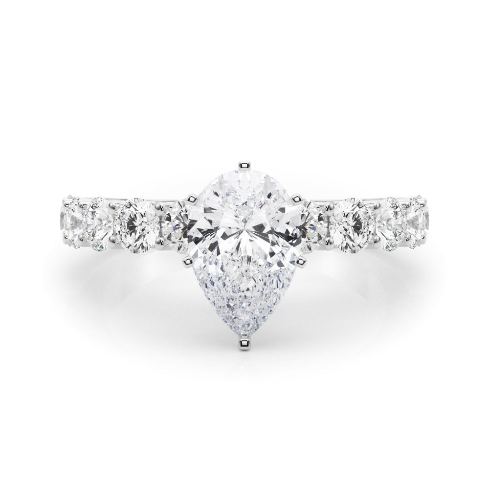White gold Pear Diamond Prong Setting with Side Stones on a Pave Band