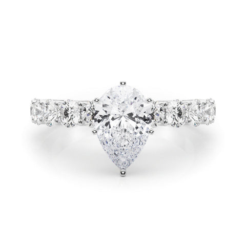 White gold Pear Diamond Prong Setting with Side Stones on a Pave Band