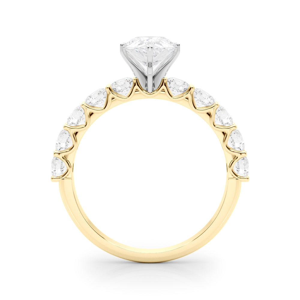 Yellow gold Pear Diamond Prong Setting with Side Stones on a Pave Band