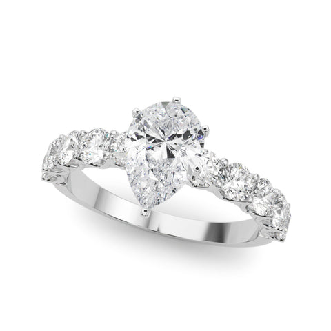 White gold Pear Diamond Prong Setting with Side Stones on a Pave Band