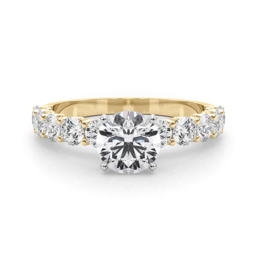 Yellow gold Round Diamond Prong Setting with Side Stones on a Pave Band