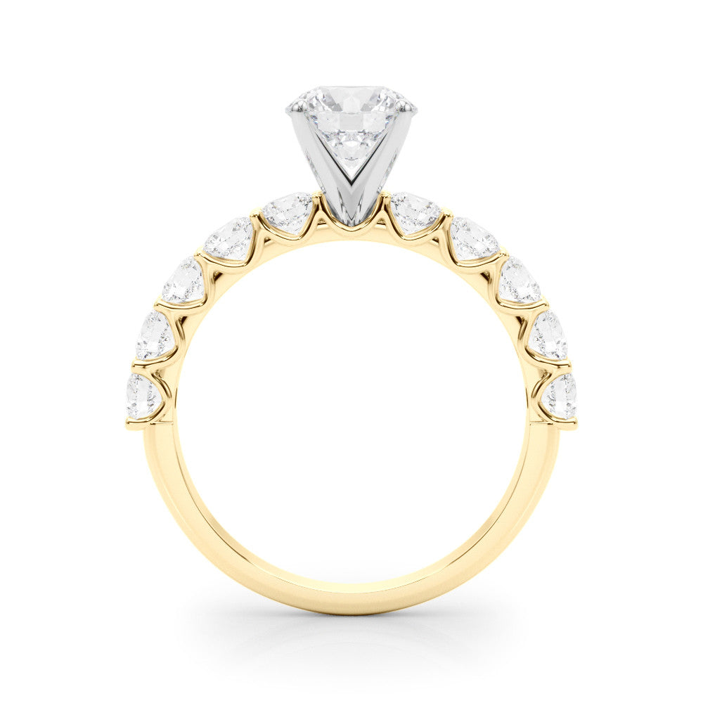 Yellow gold Round Diamond Prong Setting with Side Stones on a Pave Band