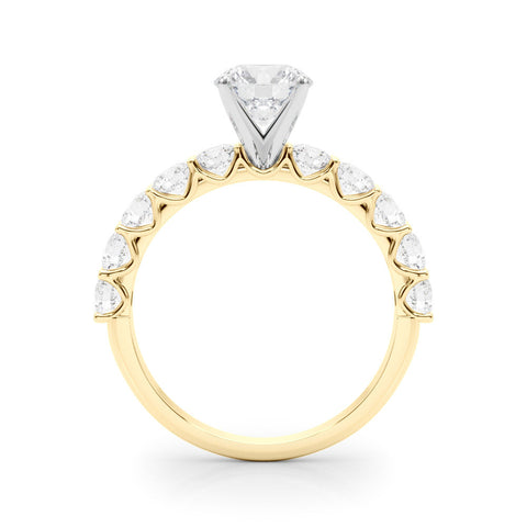 Yellow gold Round Diamond Prong Setting with Side Stones on a Pave Band