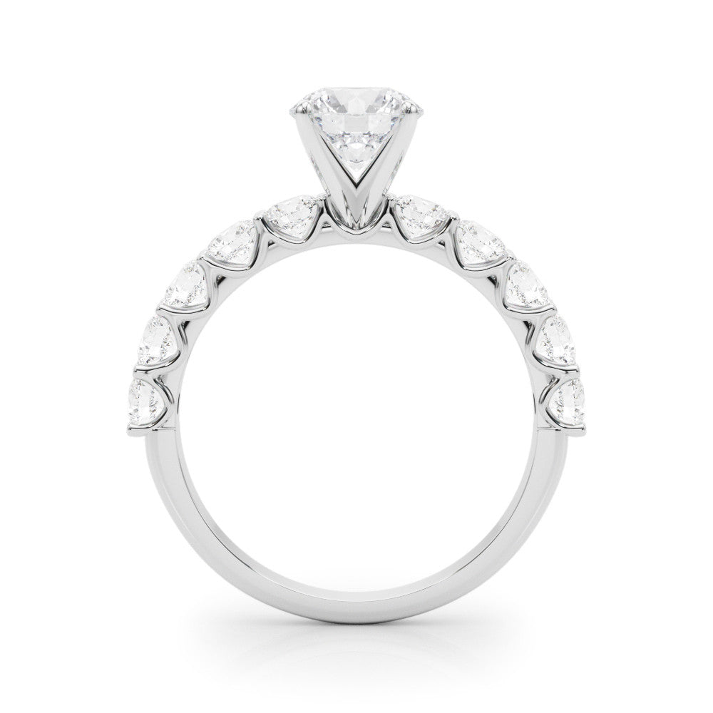 Platinum Round Diamond Prong Setting with Side Stones on a Pave Band