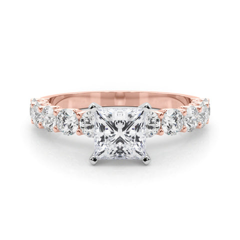 Rose gold Princess Diamond Prong Setting with Side Stones on a Pave Band