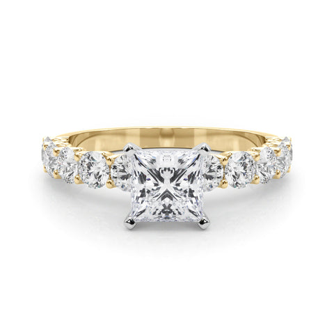 Yellow gold Princess Diamond Prong Setting with Side Stones on a Pave Band