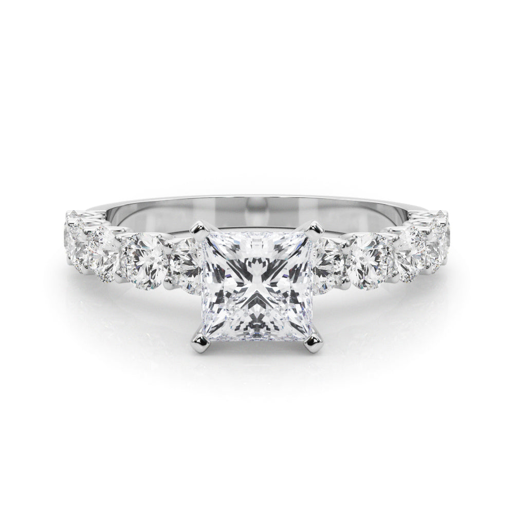 White gold Princess Diamond Prong Setting with Side Stones on a Pave Band