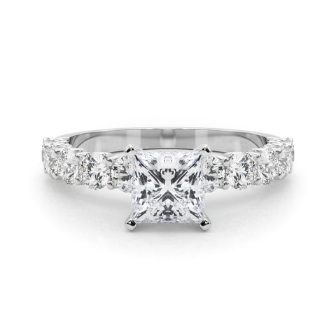 White gold Princess Diamond Prong Setting with Side Stones on a Pave Band