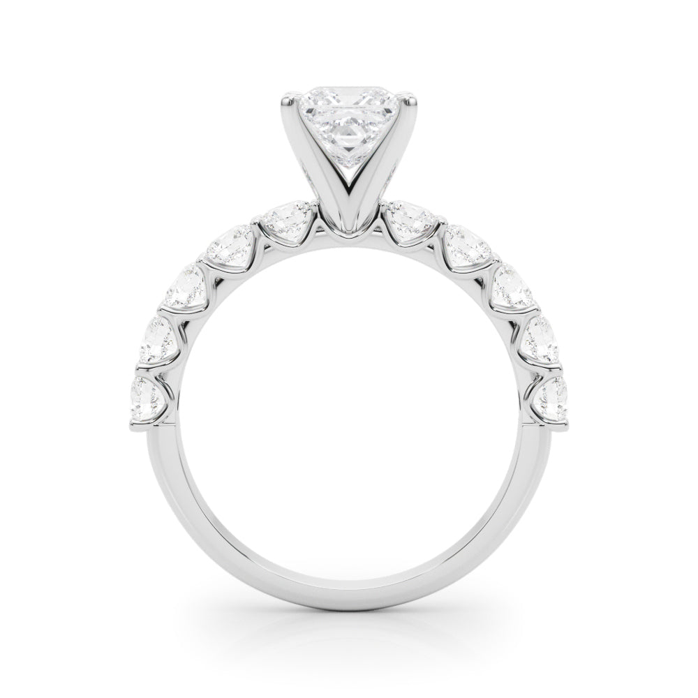 White gold Princess Diamond Prong Setting with Side Stones on a Pave Band