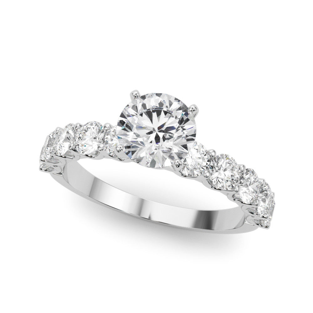 Platinum Round Diamond Prong Setting with Side Stones on a Pave Band
