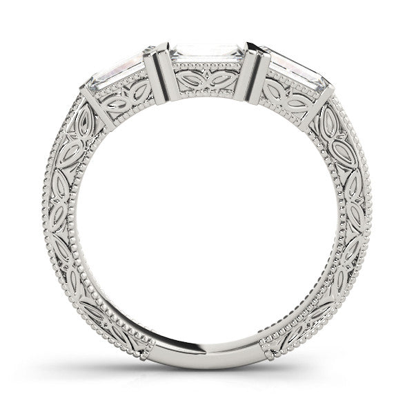 White gold Baguette Cut Channel Set Milgrain Band with V-Prong Setting