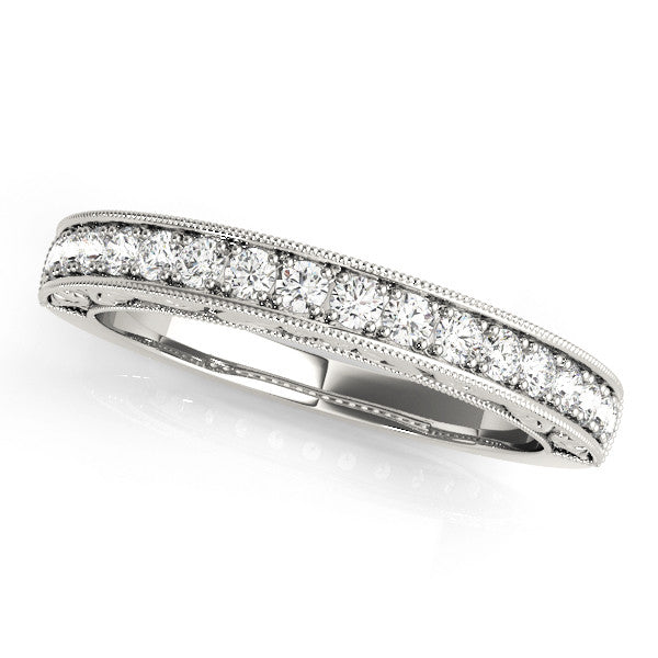 Platinum Channel Set Round Diamond Eternity Band with Milgrain Edging