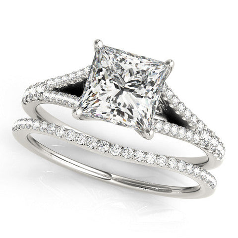 White gold Princess Cut Split Shank Pave Engagement Ring with Four-Prong Setting