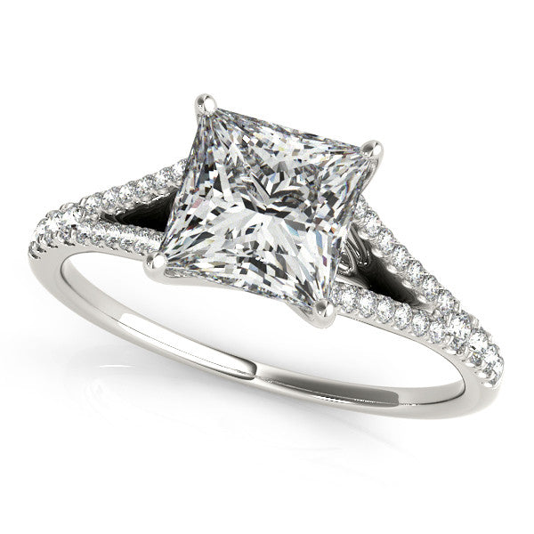 White gold Princess Cut Split Shank Pave Engagement Ring with Four-Prong Setting