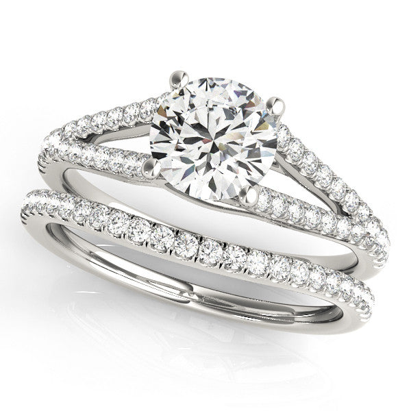 Silver Round Cut Split Shank Pave Diamond Engagement Ring with Four-Prong Setting