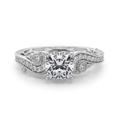 Platinum Cushion Solitaire with Milgrain Pave Band and Four-Prong Setting