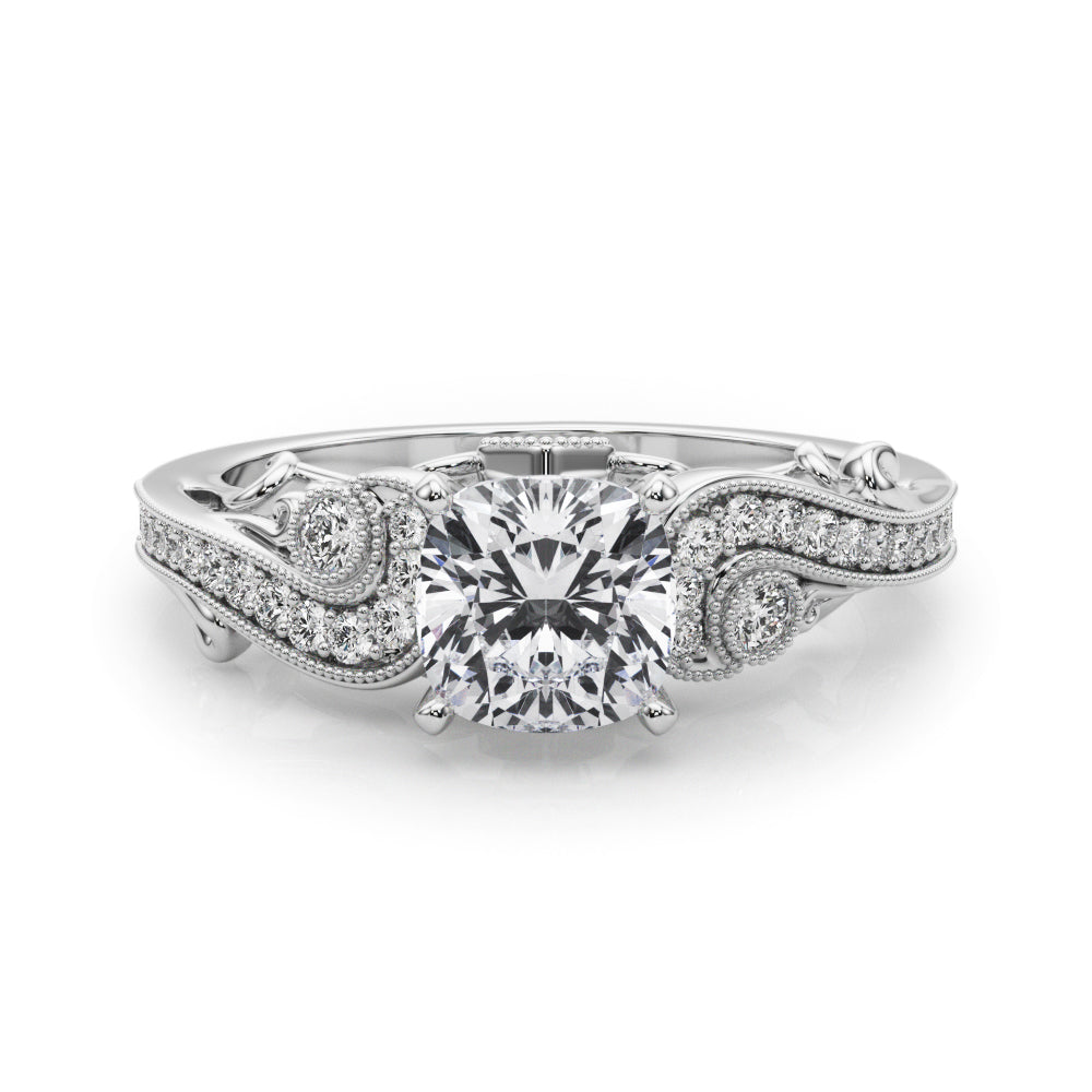 White gold Fancy Yellow Cushion cut Solitaire with Milgrain Pave Band and Four-Prong Setting