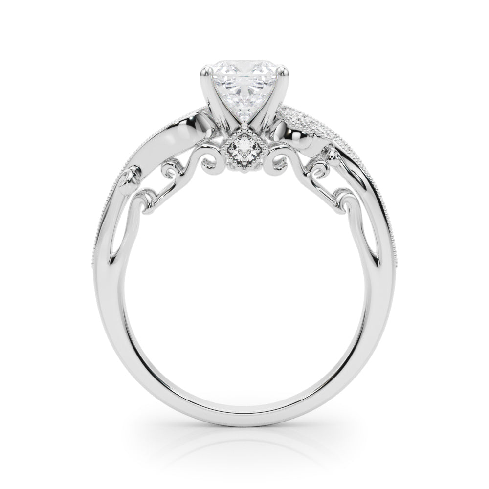 Platinum Cushion Solitaire with Milgrain Pave Band and Four-Prong Setting