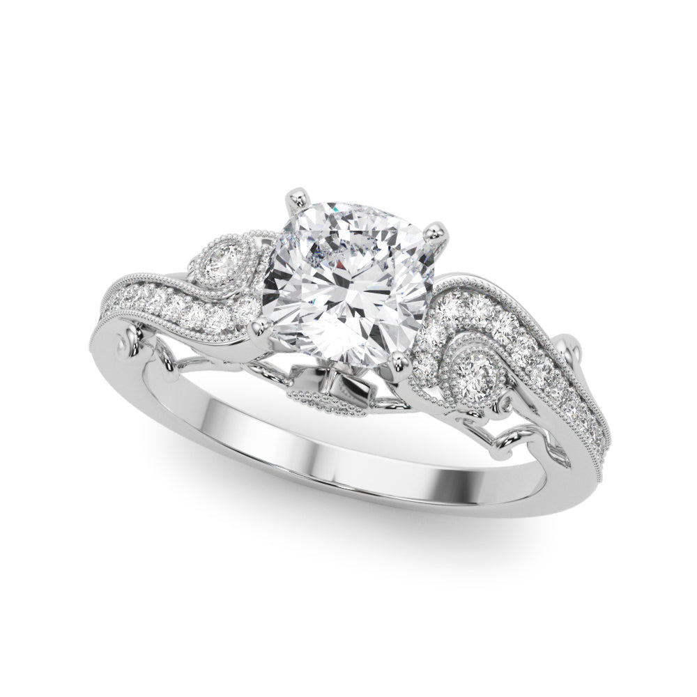 Platinum Cushion Solitaire with Milgrain Pave Band and Four-Prong Setting
