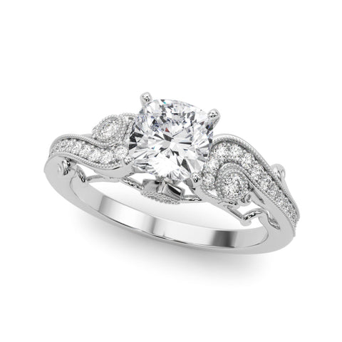 Silver Cushion Solitaire with Milgrain Pave Band and Four-Prong Setting