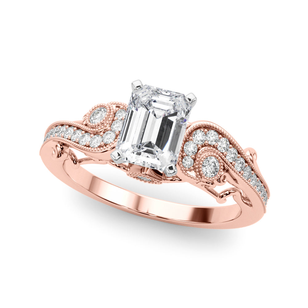 Rose gold Radiant Solitaire with Milgrain Pave Band and Four-Prong Setting
