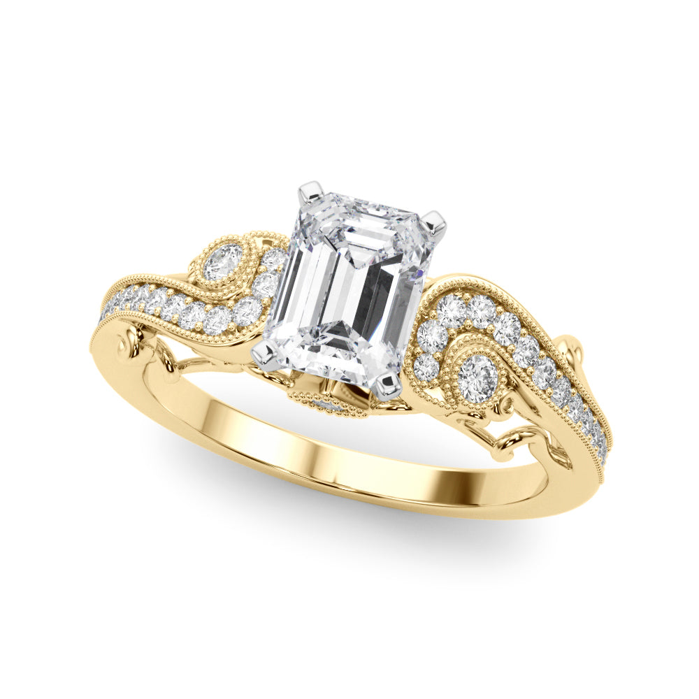 Yellow gold Radiant Solitaire with Milgrain Pave Band and Four-Prong Setting