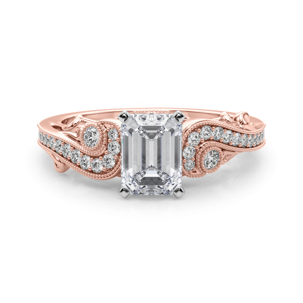 Rose gold Radiant Solitaire with Milgrain Pave Band and Four-Prong Setting
