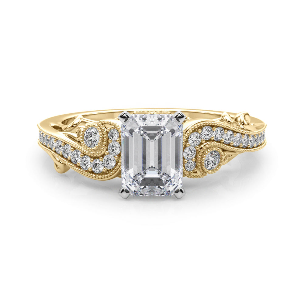 Yellow gold Fancy Yellow Radiant cut Solitaire with Milgrain Pave Band and Four-Prong Setting