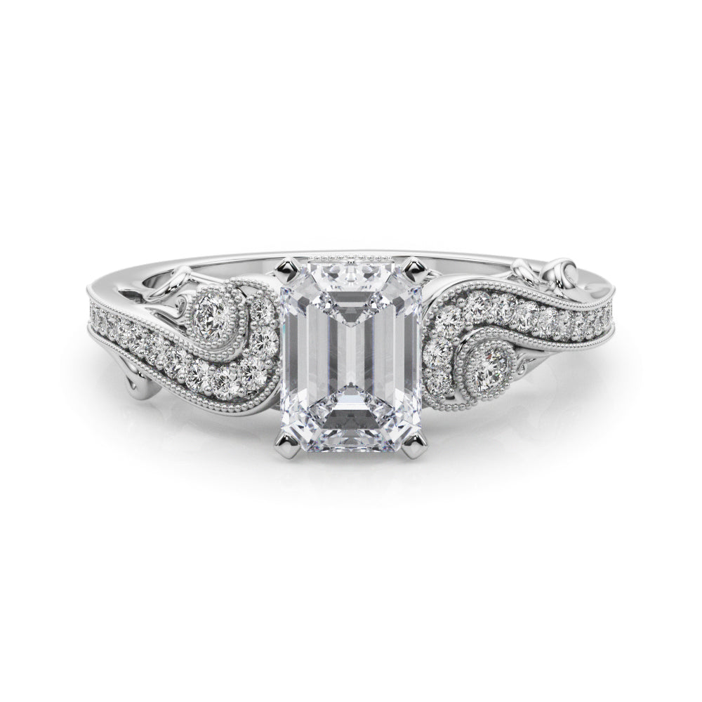 Platinum Emerald Solitaire with Milgrain Pave Band and Four-Prong Setting