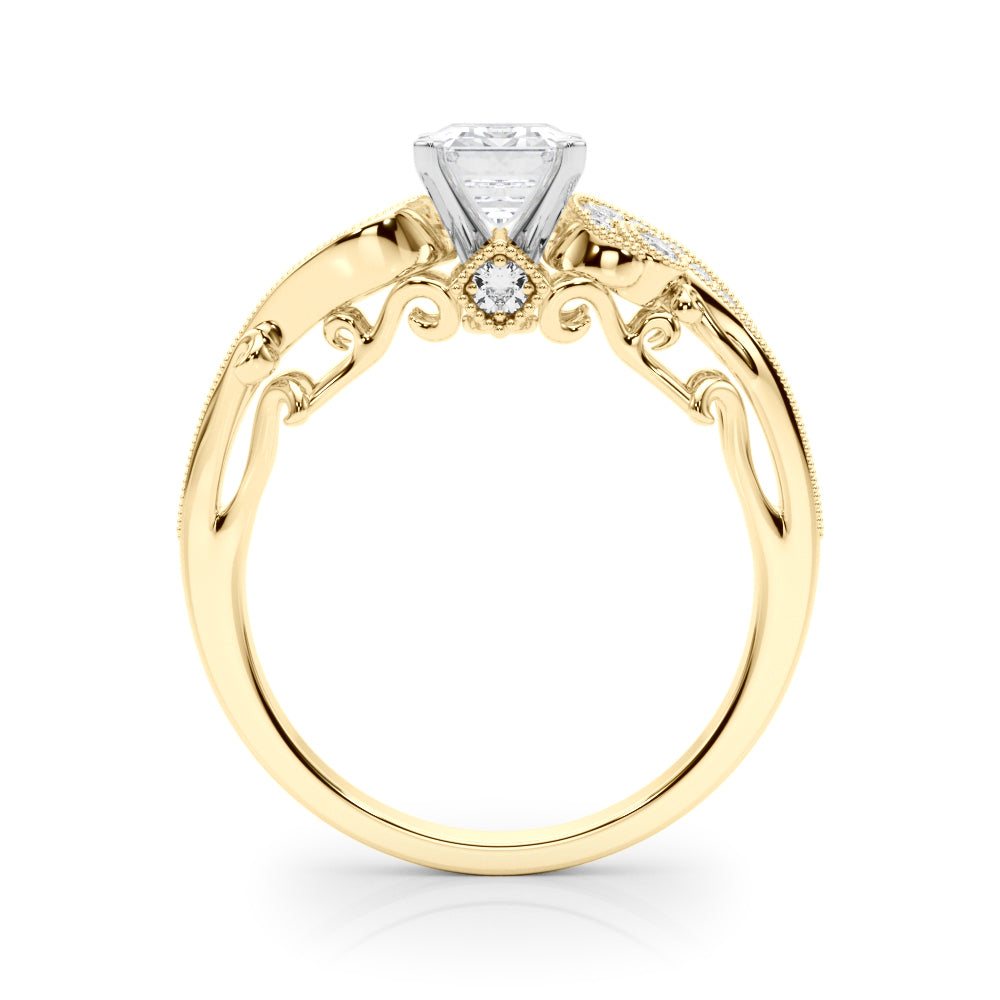 Yellow gold Radiant Solitaire with Milgrain Pave Band and Four-Prong Setting