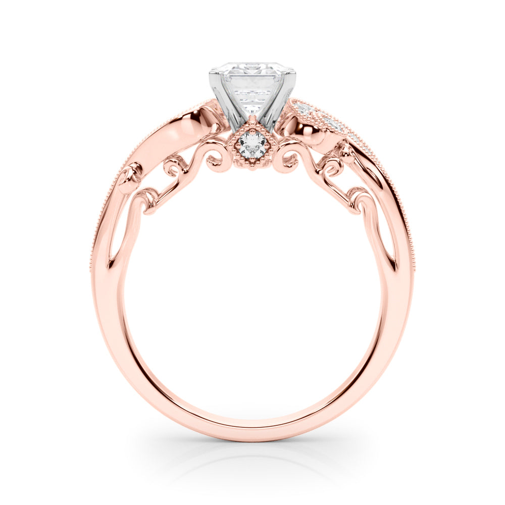 Rose gold Radiant Solitaire with Milgrain Pave Band and Four-Prong Setting