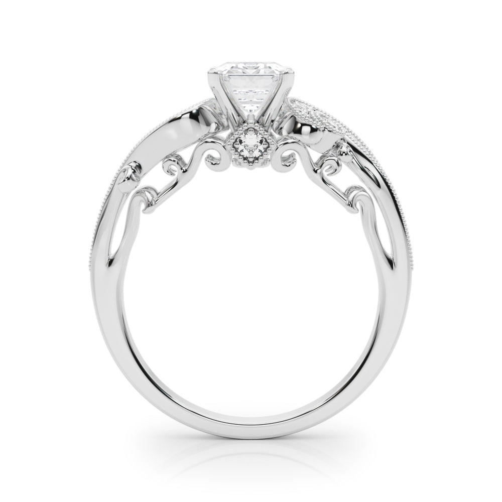 Silver Emerald Solitaire with Milgrain Pave Band and Four-Prong Setting
