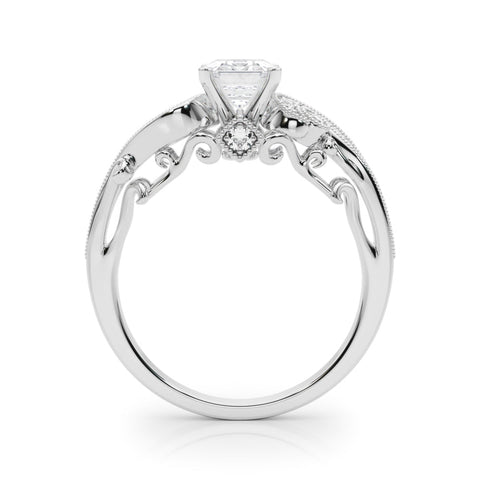 Platinum Emerald Solitaire with Milgrain Pave Band and Four-Prong Setting