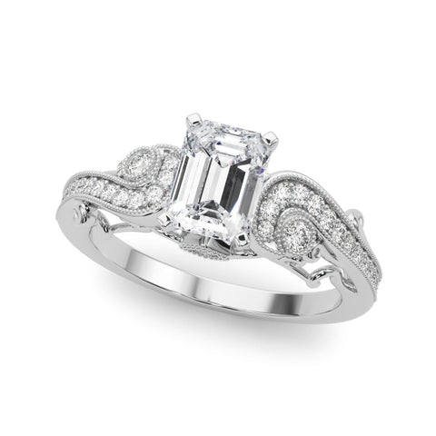 Platinum Emerald Solitaire with Milgrain Pave Band and Four-Prong Setting