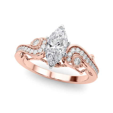 Rose gold Marquise Solitaire with Milgrain Pave Band and Four-Prong Setting