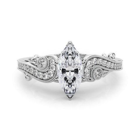 White gold Fancy Yellow Marquise cut Solitaire with Milgrain Pave Band and Four-Prong Setting