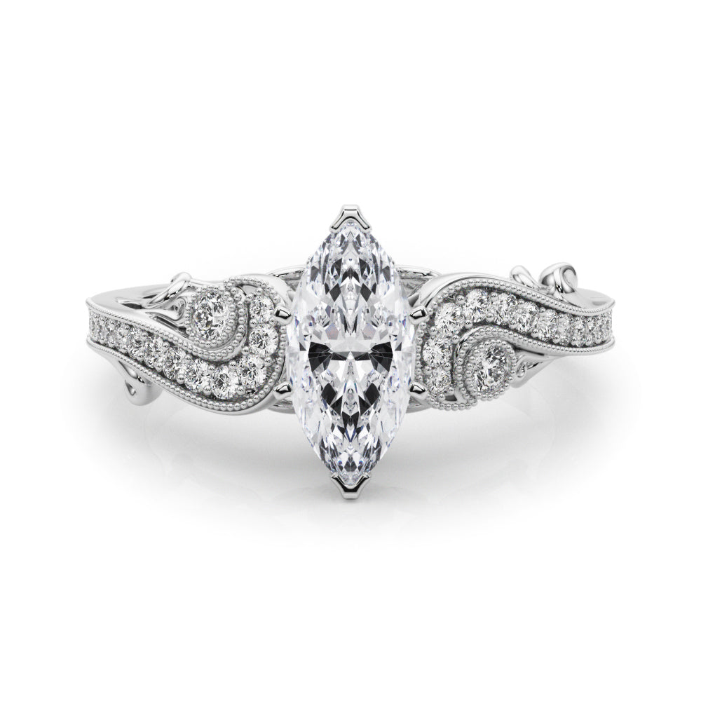 Platinum Marquise Solitaire with Milgrain Pave Band and Four-Prong Setting