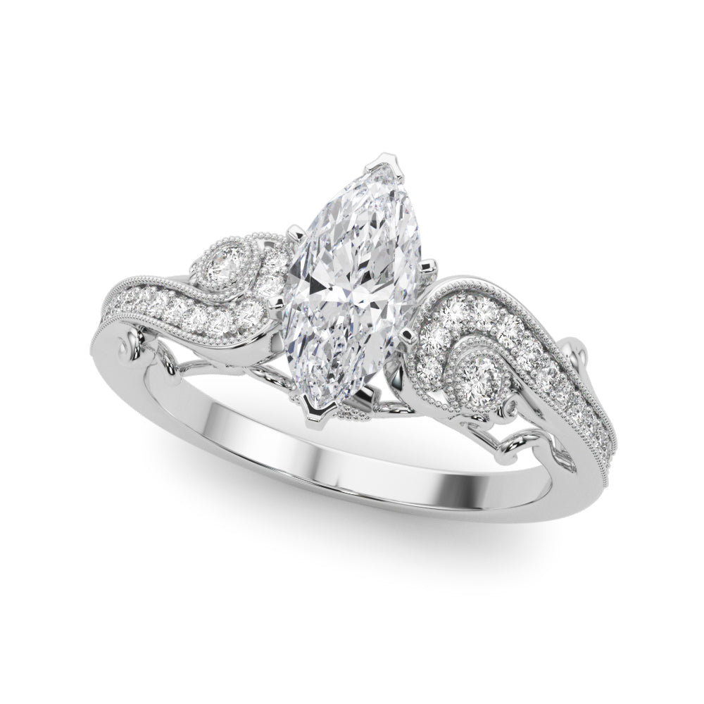 Platinum Marquise Solitaire with Milgrain Pave Band and Four-Prong Setting