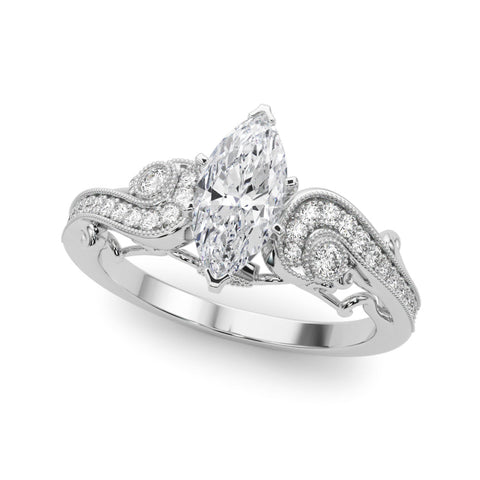 Platinum Marquise Solitaire with Milgrain Pave Band and Four-Prong Setting