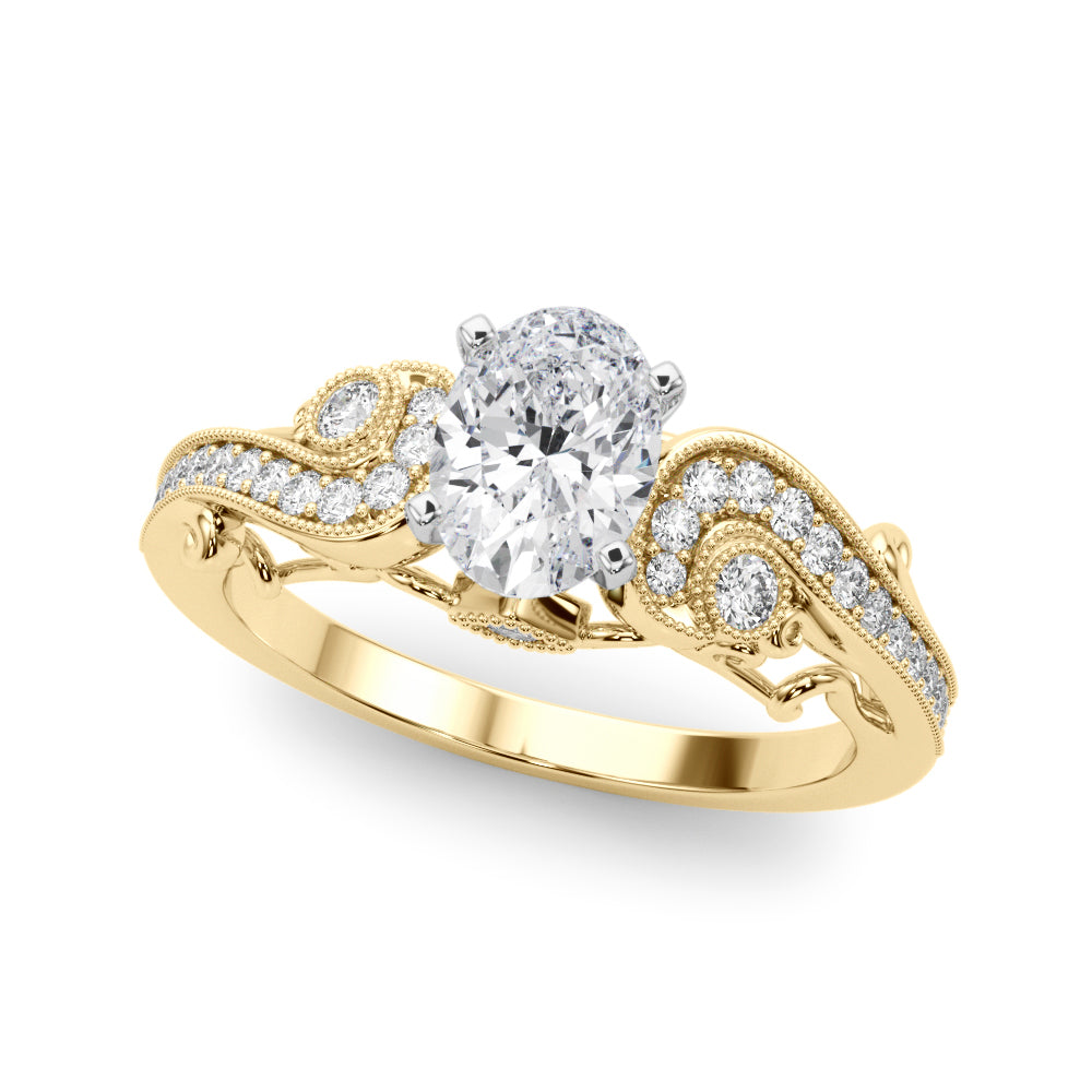 Yellow gold Fancy Yellow Oval cut Solitaire with Milgrain Pave Band and Four-Prong Setting