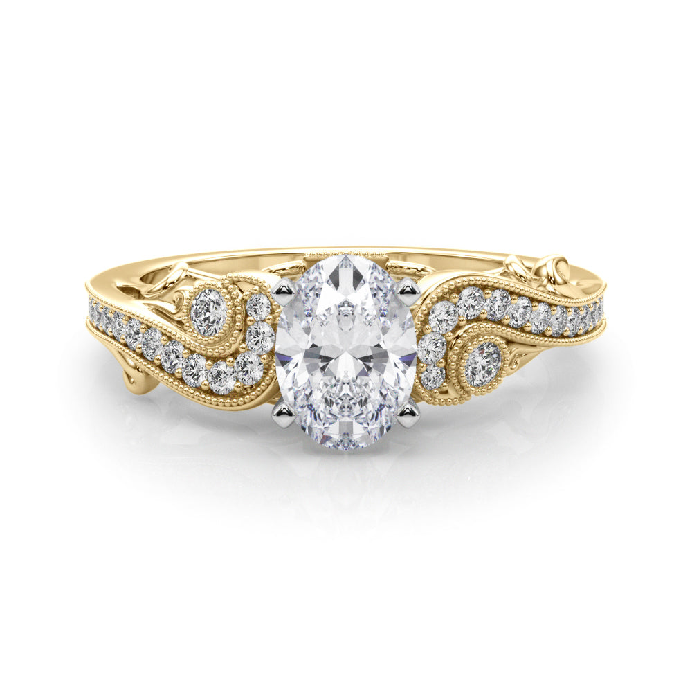 Yellow gold Fancy Yellow Oval cut Solitaire with Milgrain Pave Band and Four-Prong Setting