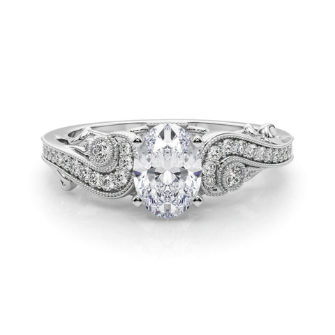 Platinum Oval Solitaire with Milgrain Pave Band and Four-Prong Setting